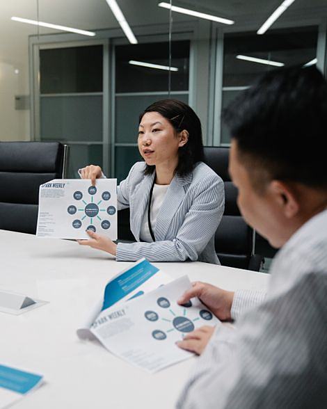 Two advisers working through charts together